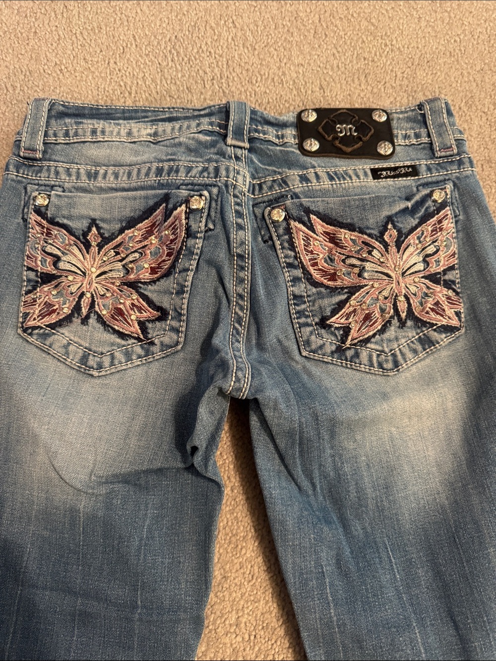 Miss Me Light Blue  Capri Jeans with Pink & Purple Embroidered Butterfly Pockets
